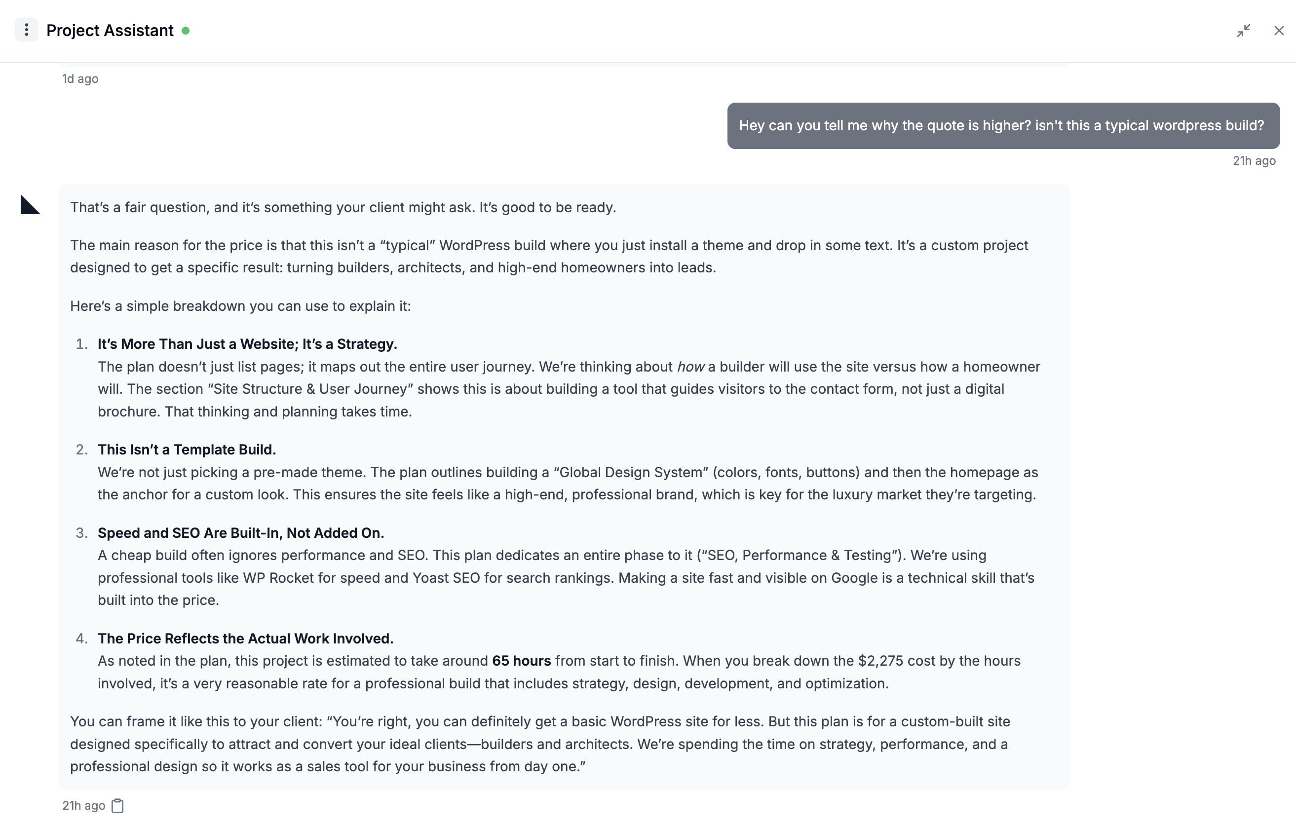 AI Project Assistant helping freelancers explain project scope and justify pricing to clients